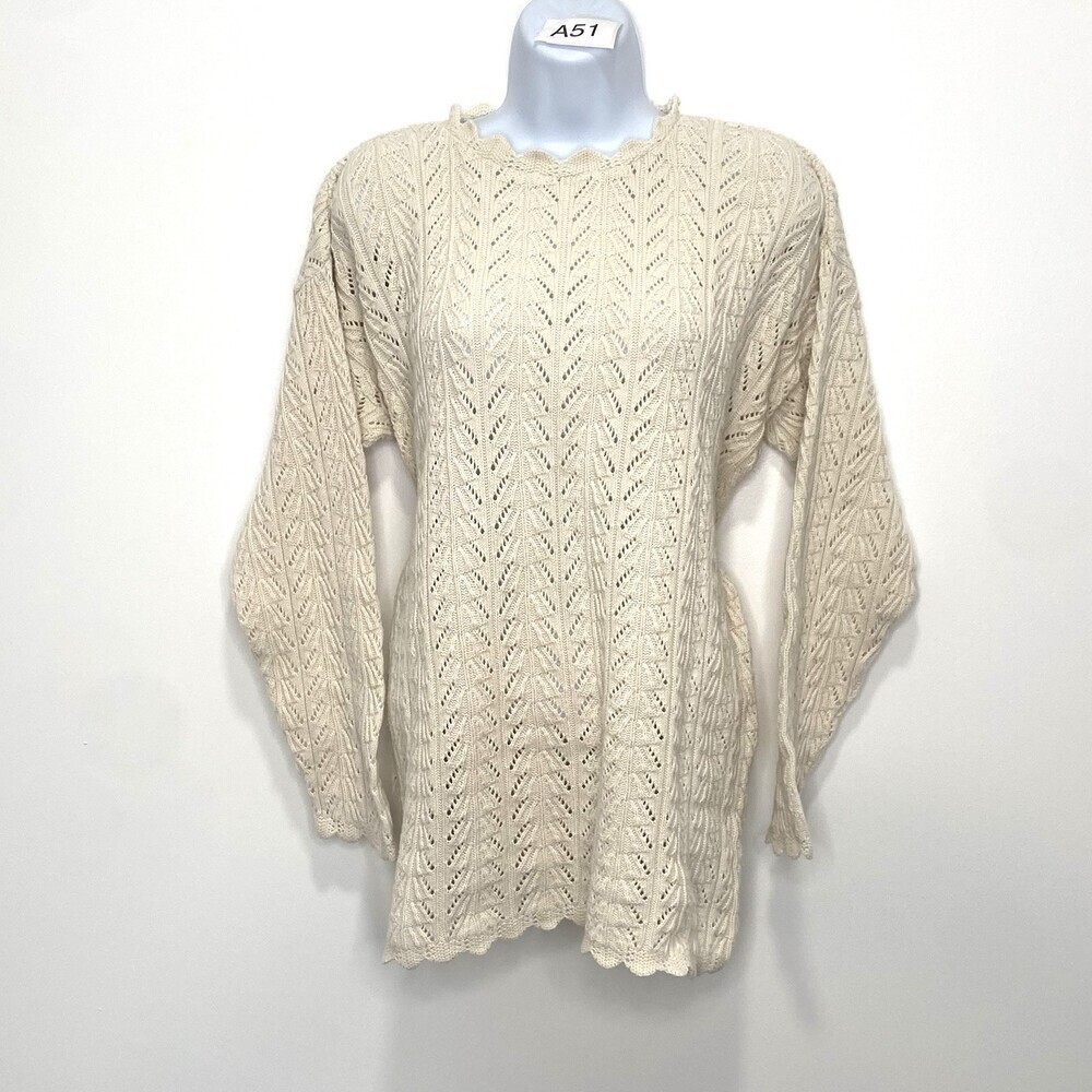 Vintage Sunbelt Sportswear 100% Cotton Cream Open Knit Sweater Scalloped Boho